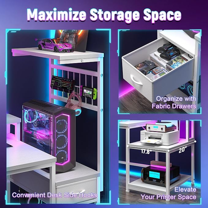 DurayLoly 63" Computer Desk with LED Lights & Outlets,Office Desk with Drawers & Monitor Stand,Gaming Desk with 3 Storage Shelves, Hooks& Printer Space for Game&Study Room,Home Office,Bedroom,White