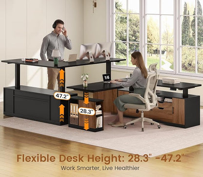SEDETA L Shaped Electric Standing Desk, 69" x 55" Height Adjustable Office Executive Desk with 4 Drawers and Storage Shelves, Fluted Sit Stand Computer Desk with Power Outlet (Modern Black+ Brown)