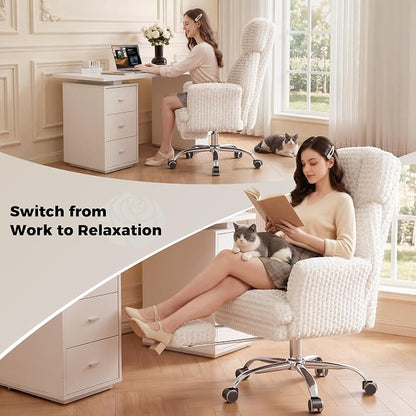 HOMRELEXA Big and Tall Office Chair, Flip Armrests for Pets & Cross Legged Sitting, Executive Ergonomic Computer Gaming Chair with Foot Rest, White Rose Velvet Wide Seat Reclining Desk Chair