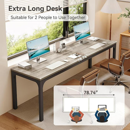 LITTLE TREE 78.7-Inch Ultra Long Double Desk, Writing Gaming Work Computer Two-Person Desk for Home Office, Grey + Black
