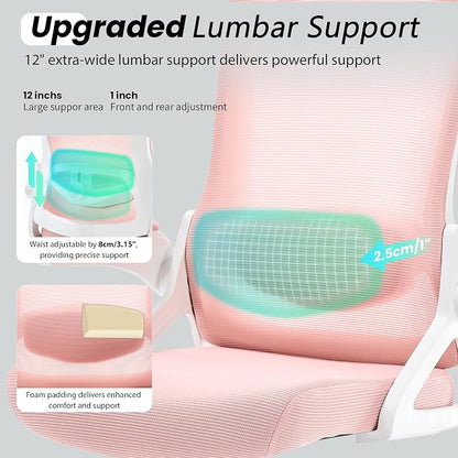 Fizzin Ergonomic Office Chair, 400 LBS Desk Chair with Adjustable Lumbar Support, High Back Breathable Mesh Computer Chair Rolling Work Swivel Task Chairs, Comfy Home Office Desk Chair (Pink)