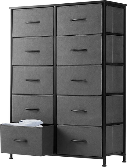 DUMOS Dresser for Bedroom, 10 Storage Drawers, Wide Fabric Closet Chests Organizer Tower Furniture with Wooden Top Metal Frame for Clothes, Guest Room, Living Room, Hallway, Entryway