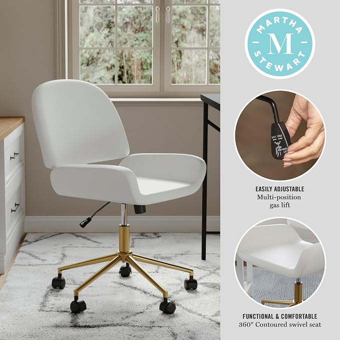 Martha Stewart Tyla Armless Swivel Task Chair for Home Office in White Faux Leather with Polished Brass Frame