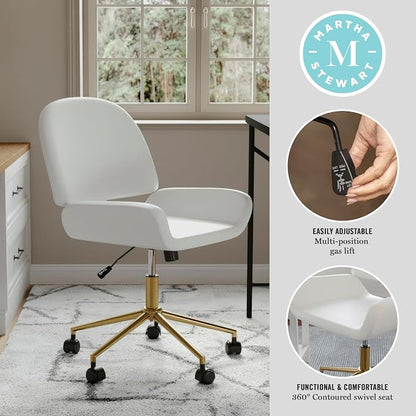 Martha Stewart Tyla Armless Swivel Task Chair for Home Office in White Faux Leather with Polished Brass Frame