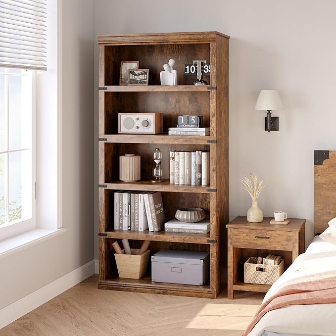 GarveeHome 5 Tier Farmhouse Bookcase, 67.4" Tall Book Shelf with Storage, Wooden Bookshelves 5 Shelf Display Shelvesfor Home Office, Living Room, Bed Room (Vintage, 67.4" H x 31.5" W x 12.8" D)