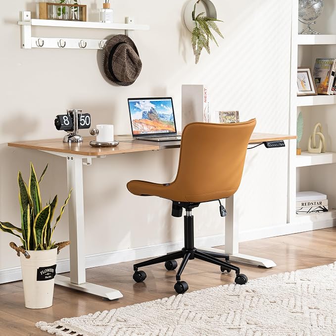 YOUNIKE Ergonomic Home Office Chair with Wheels Comfy Armless Desk Chair with Back Adjustable Height Modern Leather Upholstered Swivel Vanity Chair Small Cute Rolling Task Computer Chair Tan