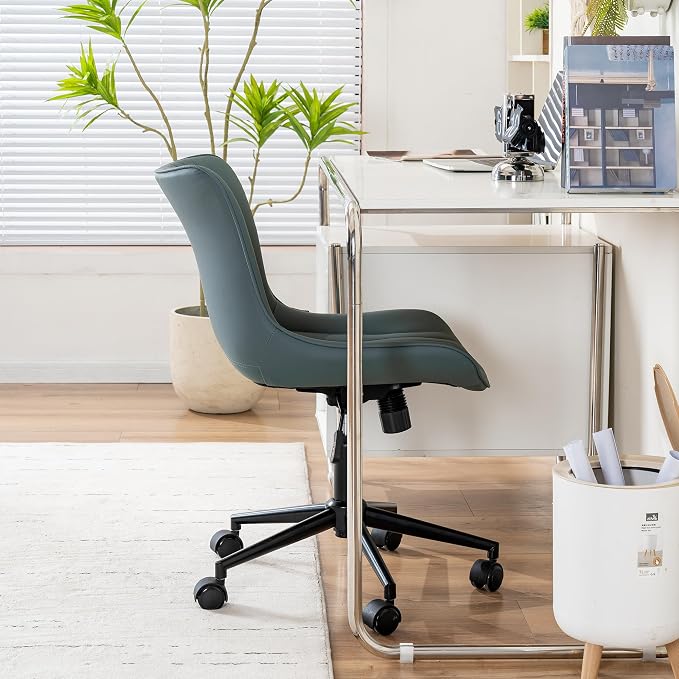 YOUNIKE Office Chair Armless Desk Chair with Wheels, Home Office Computer Task Chair, Modern Faux Leather Upholstered Vanity Chair, Adjustable Swivel Rolling Office Chairs, Grayish Green