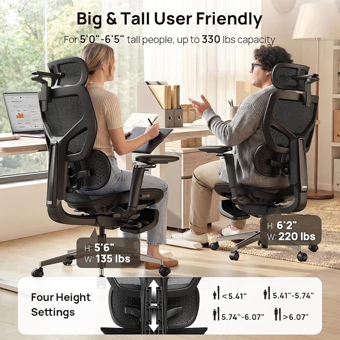 Ergonomic Office Chair with Adaptive Dual-Wing Lumbar Support - Over 10 Hours Sitting Comfortable Mesh Big and Tall Home Desk Chair, 4D Headrest, 2-Gear Footrest, 630° Armrst, Seat Depth Adjustable