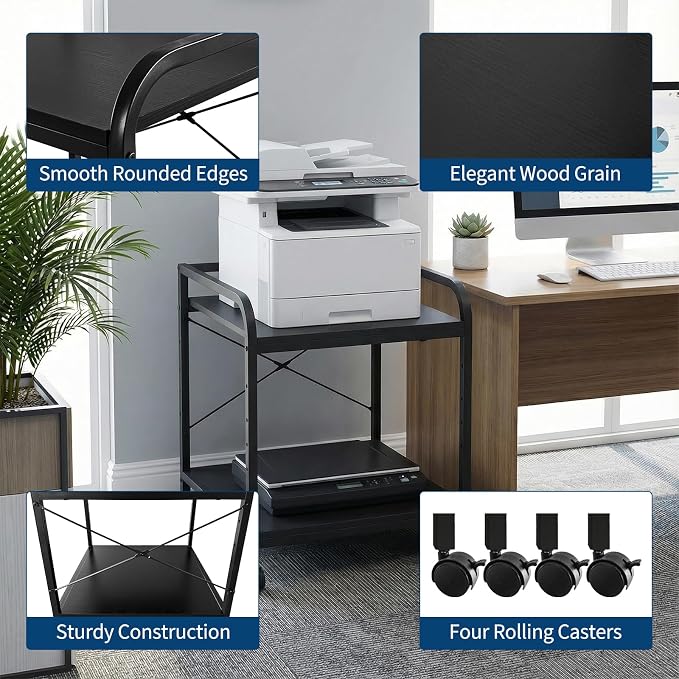 GarveeHome Under Desk Printer Stand, 20" Deep Large Printer Table with Height Adjustable Storage Shelf, 2 Tier Rolling Printer Cart with Wheels for Home Office, Black
