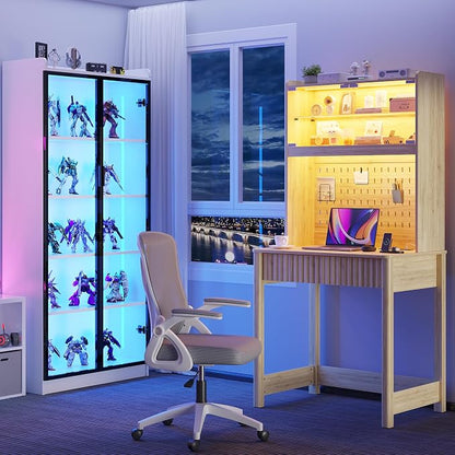 Lvifur Compact Writing Desk with LED Reading Lights (Natural86023)