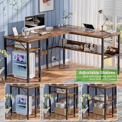 Unikito L Shaped Computer Desk with Magic Power Outlets and USB Charging Port, Sturdy Reversible Corner Desk with Storage Shelves, Modern Work Desk for Home Office, Easy to Assemble, Rustic Brown
