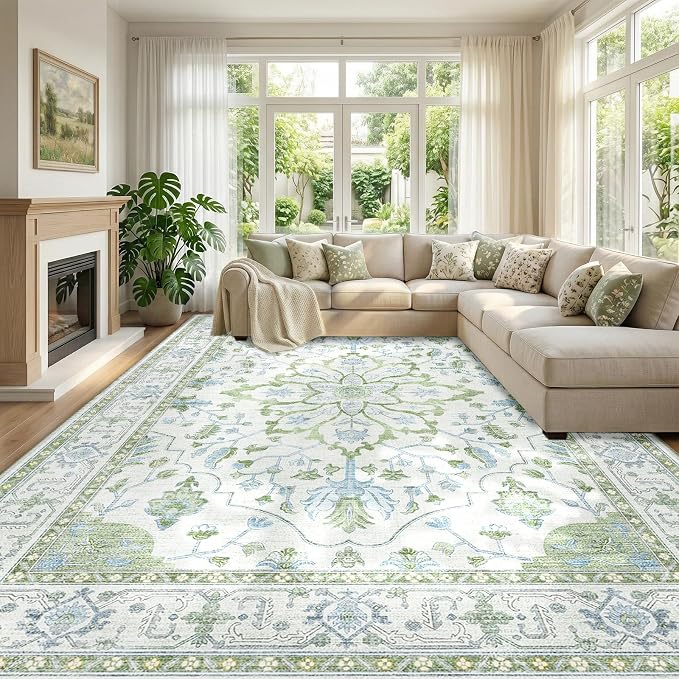 RELEANY Area Rugs Large 10'x14' Washable Non-Slip, Floral Vintage Distress Medallion Carpet for Living Room Bedroom Dining Room, Green White Blue