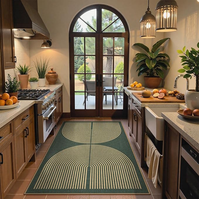 Lahome Enfys Modern Rainbow Easy Jute Entry Rug, 3x5 Washable Outdoor Patio Porch Rug, Farmhouse Non Slip Non Shedding Dark Green Carpet for Dorm Living Room Deck Front Door Kitchen