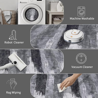 Ciicool Modern Abstract Grey Black Rug for Living Room, 9'x12' Machine Washable Area Rug Non-Slip, Low-Pile Contemporary Indoor Dining Floor Carpet for Bedroom Office Under Table Home Decor
