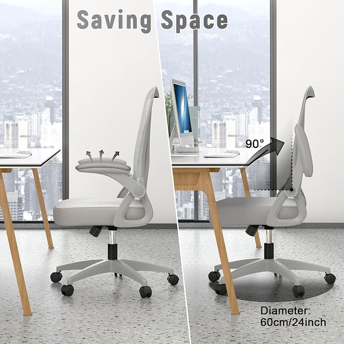 naspaluro Ergonomic Office Chair, Mid Back Desk Chairs with Adjustable Height, Swivel Chair with Flip-Up Arms and Lumbar Support, Breathable Mesh Computer Chair for Home/Study/Working, Grey
