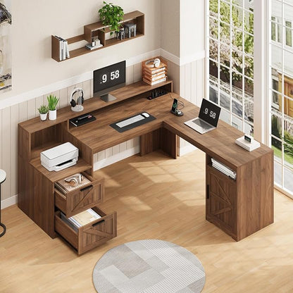 YOMILUVE 63" Farmhouse L Shaped Executive Desk with Drawers & Storage Shelf, Corner Computer Desk with Power Outlets, L Shaped Office Desk with Monitor Stand, Printer Shelf, Brown