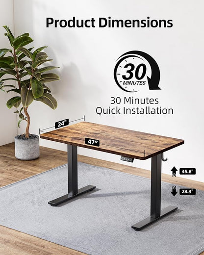 TIQLAB Standing Desk 47 x 24 inch, Electric Height Adjustable with Splice Board, Stand Up Desk, for Home Office, Black Frame/Rustic Brown Top