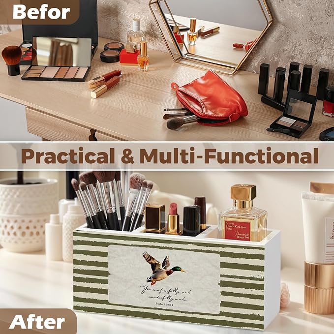 Mallard Duck Christian Pencil Pen Holder for Desk Organizer, Vintage Green Nursery Duck Cottagecore Wooden Box Decorations for Home Office Classroom Desk Tabletop Nursery Toddler Decor