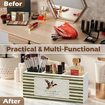 Mallard Duck Christian Pencil Pen Holder for Desk Organizer, Vintage Green Nursery Duck Cottagecore Wooden Box Decorations for Home Office Classroom Desk Tabletop Nursery Toddler Decor