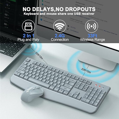 Wireless Keyboard and Mouse Combo, ULSOU 2.4G Full-Sized Ergonomic Computer Keyboard with Wrist Rest and 3 Level DPI Adjustable Wireless Mouse for Windows, Mac OS Desktop/Laptop/PC(Grey)