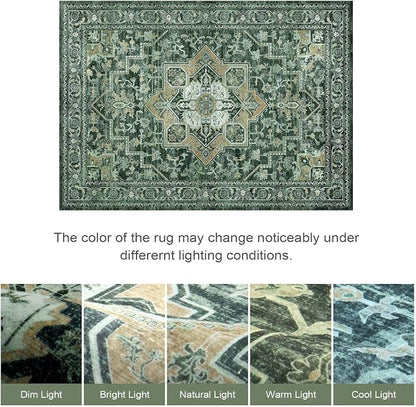 Lofus 8x10 Washable Rugs Non-Slip, Vintage Floral Area Rug for Living Room Bedroom Dining Room Kitchen, Low Pile Distress Print Carpet Home Decor Rug, Octagram Medallion Green
