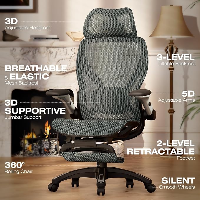 ELABEST X100 Ergonomic Mesh Office Chair with Footrest, Big and Tall Hone Desk Chair with 5D Flip-Up Arms, Adjustable 3D Lumbar Support,Gaming & Executive Computer Chairs for Long Hours (Dusty Sage)