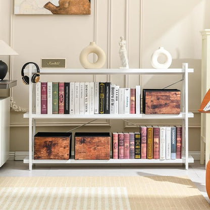 HCHQHS Bookshelf, 3-Tier Long Industrial Bookcase, White Open Book Shelf, Freestanding Horizontal Bookshelves with Metal Frame