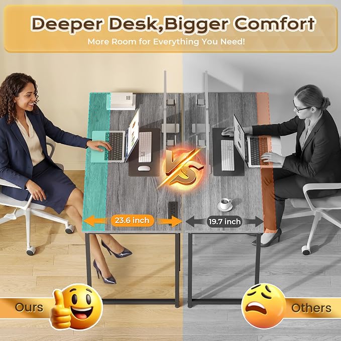 PRAISUN 47 X 24 Inch Computer Desk with Power Outlets & USB-C Port, Office Desk with Deeper Desktop, Study, Bedroom, Writing Work from Home Table, Metal Frame, Grey