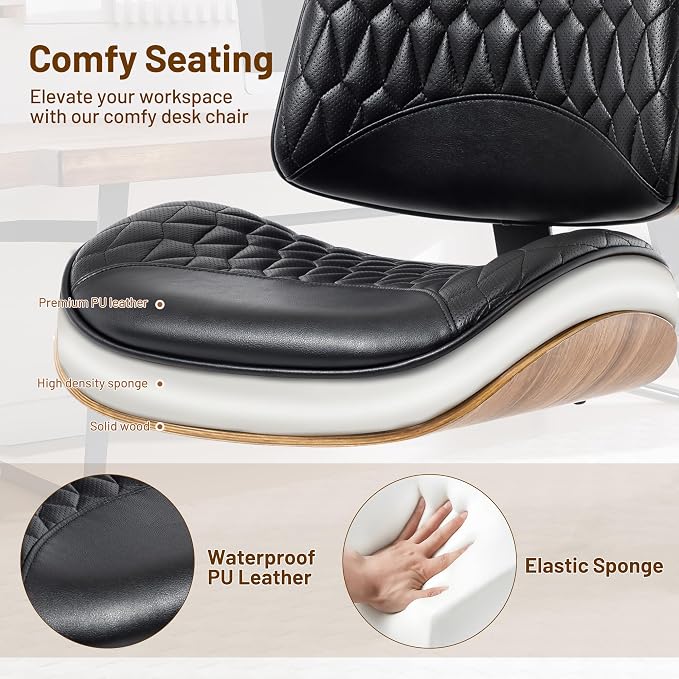 Walnut Bentwood Mid Back Armless Office Chair 2 Pack, Adjustable Height PU Leather Swivel Desk Chair with Wheels, Rolling Computer Task Chair for Home Office, Study, Meeting Room