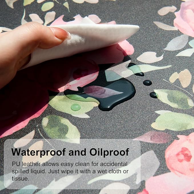 QiyI Large Mouse Pad, Floral Desk Mat for Desktop, Women Girls Watercolor Pink Flowers Office Décor Desk Accessories, PU Leather Waterproof Gaming Mousepad, Black Desk Pad Computer Mat, 31.5" x 11.8"