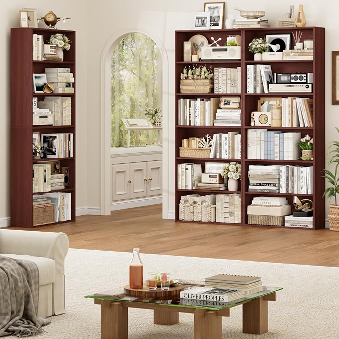 FOTOSOK 6-Tier Open Bookcase and Bookshelf, Freestanding Display Storage Shelves Tall Bookcase for Bedroom, Living Room and Office,Cherry Set of 2