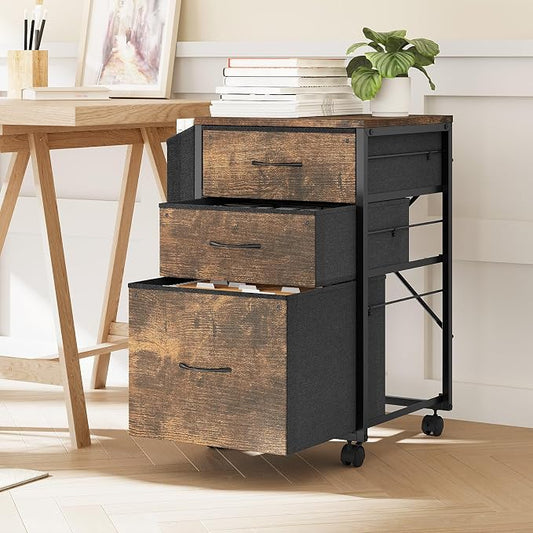 VINGLI 3 Drawer File Cabinet with Side Bag, Rolling File Cabinet Mobile Under Desk File Cabinet with Wheels, Fabric Drawers Printer Stand for Home Office, Fits Letter Size, Rustic Brown