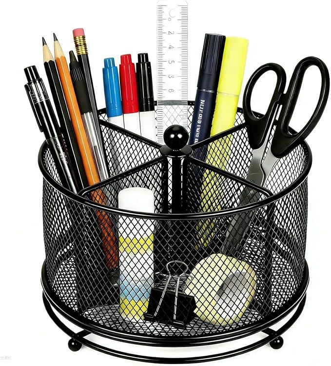 360°Rotating Desk Organizer, Pen Holder for Desk with 4 Compartments, Silverware Organizer for Kitchen Counter,Vanity Makeup Brush Stand, Multi-Functional Pencil Holder for Supplies