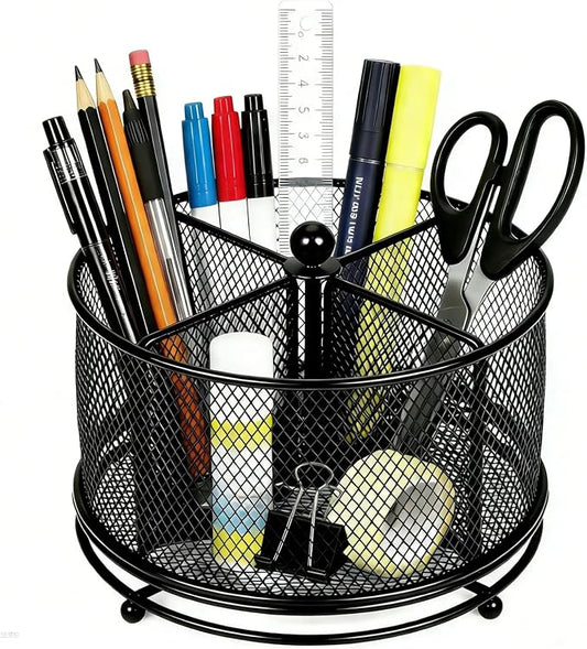 360°Rotating Desk Organizer, Pen Holder for Desk with 4 Compartments, Silverware Organizer for Kitchen Counter,Vanity Makeup Brush Stand, Multi-Functional Pencil Holder for Supplies