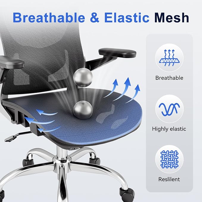 marrap Ergonomic Office Chair, Mesh Seat Cushion with 3D Armrests and 3D Headrest, Adjustable Lumbar Support with 90-120° Rocking Function for Home Office, Black