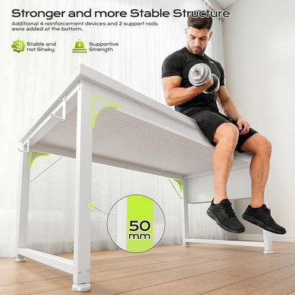DurayLoly 55 x 24 inch Desk, 24mm Thick Heavy Duty Computer Desk with RGB LED & Power Outlets, Gaming Desk with Detachable Stand, Hooks & Storage Bag, 150LBS Load Capacity, White