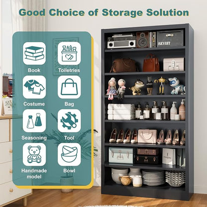 Bookcase,7 Tier Bookshelf,55" Tall Free Standing Metal Bookcase with Adjustable Storage Shelves,Wide Bookshelf for Bedroom Living Room Home Office School (Black, 7 Tier 55"H x 27.5"W x 11.8"D)