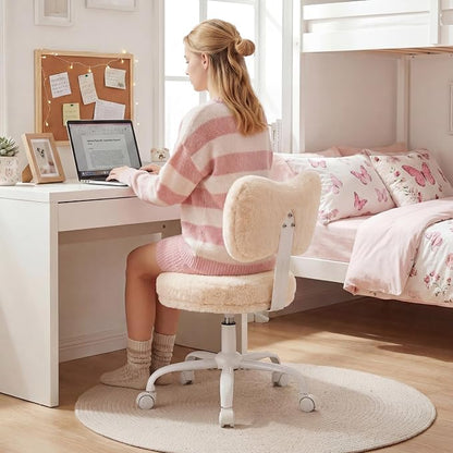 Homkdom Vanity Chair with Wheels, Cute Desk Chair with Bow Backrest, Fluffy Faux Rabbit Fur Small Office Chair for Vanity, Make-up Room, Bedroom, Dorm, Height Adjustable, Orange Pink