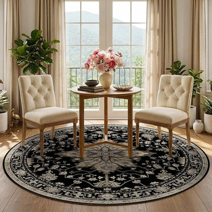 RELEANY Area Rugs Round 5ft Washable Non-Slip, Floral Vintage Distress Medallion Carpet for Living Room Bedroom Dining Room, Black Brown Neutral Dark Tan