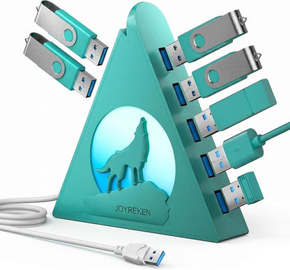 Green 7-Port USB 3.0 Hub,Vertical USB Hub Tower with RGB Lighting & 5Gbps Data Speed, 2FT Cable - Gaming USB Hub Splitter for PC, Desktop, Laptop, PS5, Xbox, Flash Drives