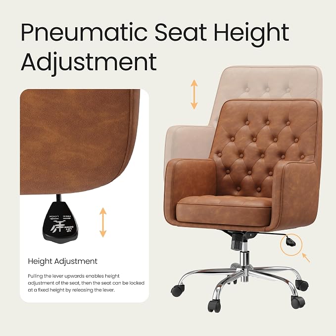 COLAMY Verso Home Desk Chair with Armrest, Leather Swivel Office Chair Adjustment Height with Wheels,Comfortable Padded Seat, Brown