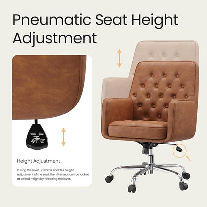 COLAMY Verso Home Desk Chair with Armrest, Leather Swivel Office Chair Adjustment Height with Wheels,Comfortable Padded Seat, Brown