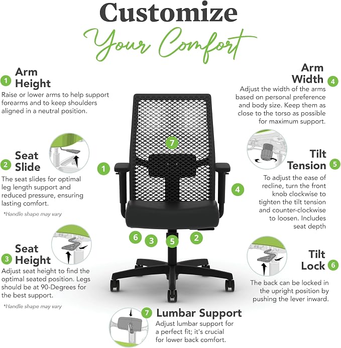 HON Ignition 2.0 ReActiv Ergonomic Office Chair, Mesh Desk Chair with Lumbar Support, Synchro‑Tilt Recline, Height and Width Adjustable Arms, Swivel Wheels, Black Frame, Black