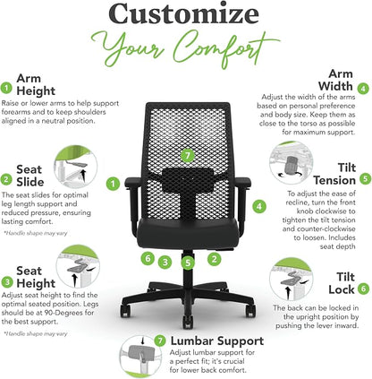HON Ignition 2.0 ReActiv Ergonomic Office Chair, Mesh Desk Chair with Lumbar Support, Synchro‑Tilt Recline, Height and Width Adjustable Arms, Swivel Wheels, Black Frame, Black