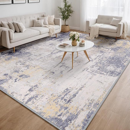 RELEANY Washable Area Rugs 5'x7' Non-Slip Modern Abstract Soft for Living Room Entryway Bedroom Kitchen, Print Pattern, Purple Grey Cream Yellow
