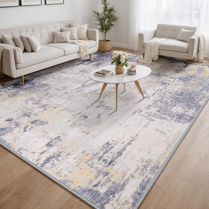 RELEANY Washable Area Rugs 9'x12' Non-Slip Modern Abstract Soft for Living Room Entryway Bedroom Kitchen, Print Pattern, Purple Grey Cream Yellow