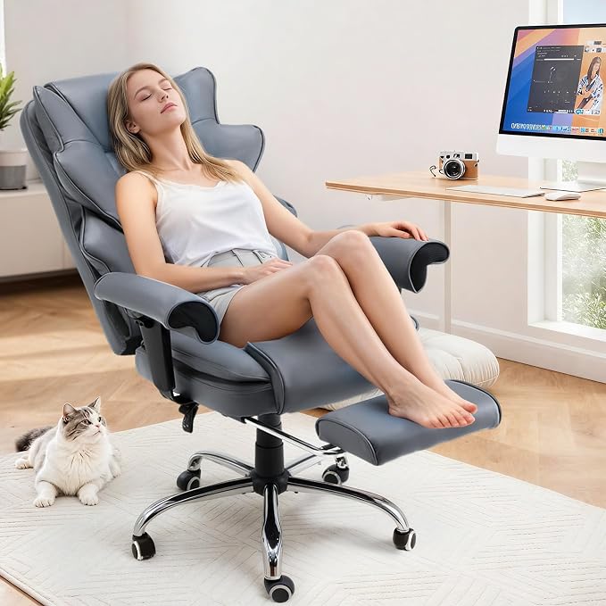 HOMREST Grey Ergonomic Office Chair | 6-Point Vibration Massage & Heat, Reclining Executive Chair, Adjustable Footrest and Armrests, PU Leather Big and Tall