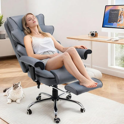 HOMREST Grey Ergonomic Office Chair | 6-Point Vibration Massage & Heat, Reclining Executive Chair, Adjustable Footrest and Armrests, PU Leather Big and Tall