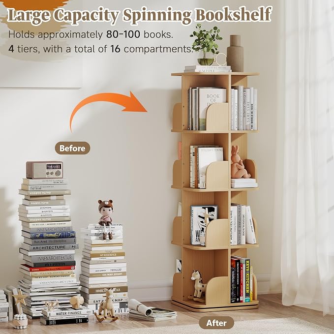 Turosur Rotating Bookshelf, 4 Tier Spinning Bookshelf Tower for Small Space, Kids Bookshelves 360 Display, Revolving Bookcase Floor Standing Storage Rack, Natural
