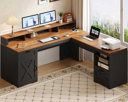 YOMILUVE Farmhouse 63" L Shaped Desk with Drawers and Storage Shelf, Home Office Desk with Power Outlets, Storage Cabinet, Corner Computer Desk with Long Monitor Stand, Brown and Black